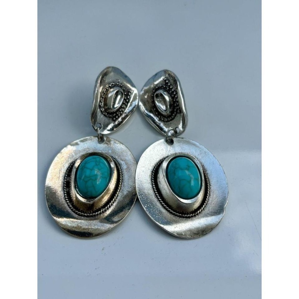 Faux Turquoise Silver Tone Boho Drop Earrings OS EUC